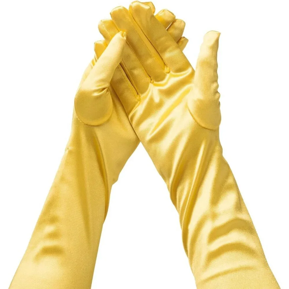 Women's Yellow Long Satin Opera Fabric Gloves Party Tea Stretchy Elbow Length